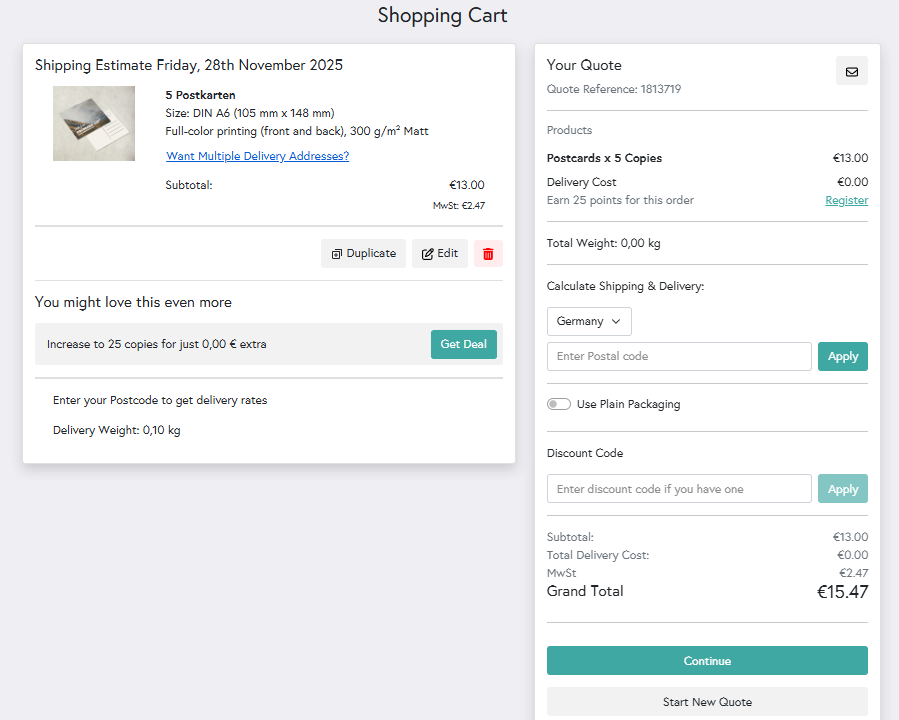 A preview of Mixam's shopping cart on a mobile device featuring multiple prints of the same design.