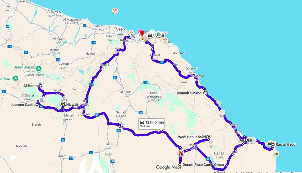 Mappa dell'itinerario in Oman di 10 giorni adatto ai bambini