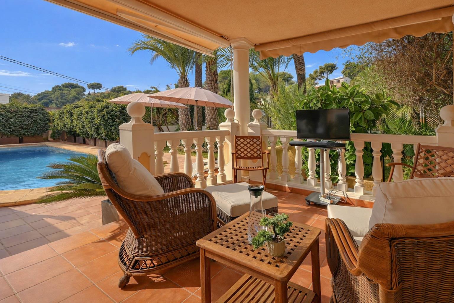 Outdoor terrace and garden at Villa Serenita 6 pax in Spain