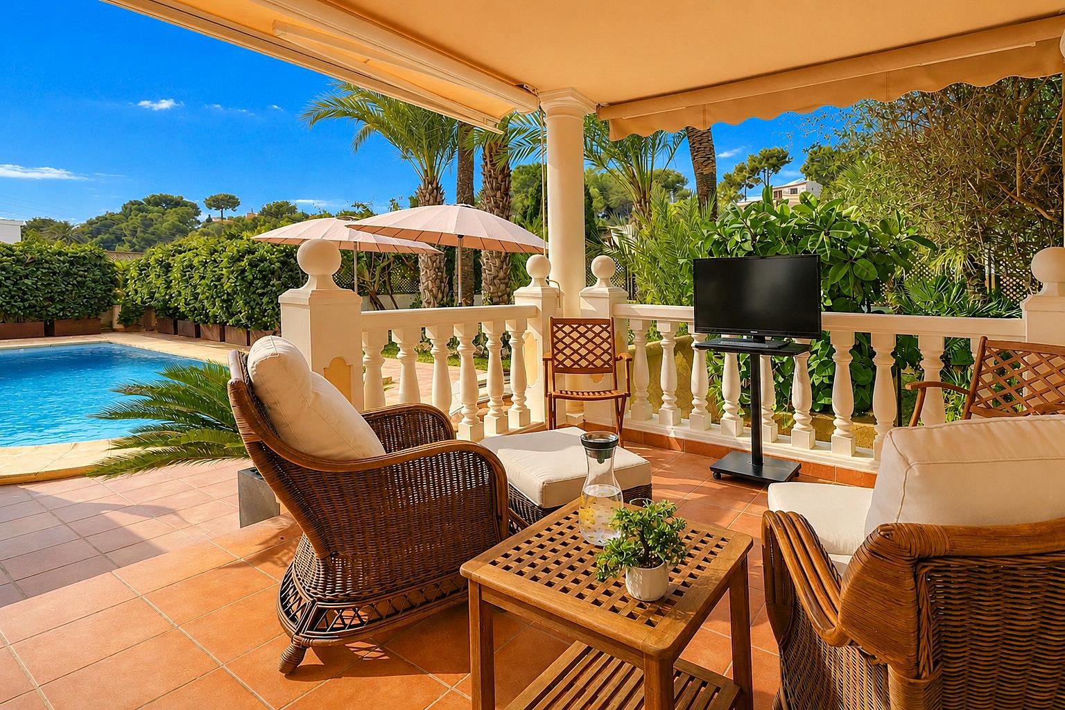 Outdoor terrace and garden at Villa Serenita 4 pax in Spain