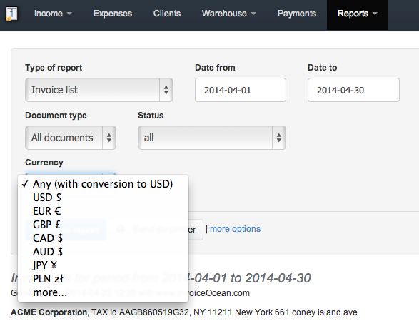 Invoiceocean Support List Of Invoices In Different Currencies
