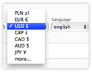 A selection of currencies and languages