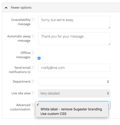 Sugester chat widget advanced customization