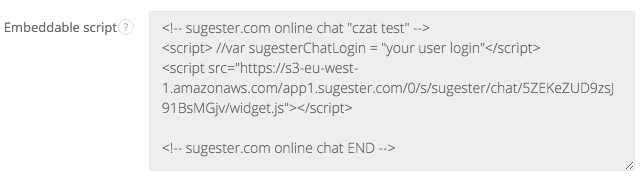 Example embed code for Sugester live chat