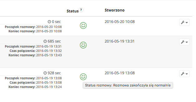 Lista rozmów VOIP z kolumną status