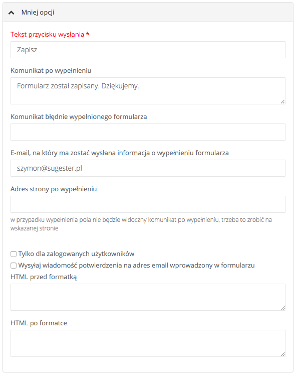 Właściwości pól w formularzach w Sugesterze