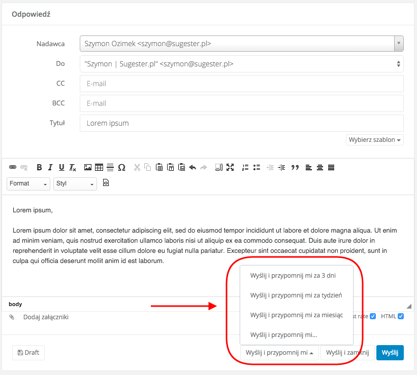 Wyślij i przypomnij - zdefiniowany okres