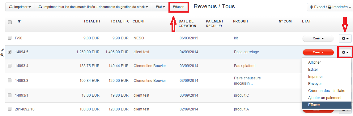 effacer supprimer une facture ou devis