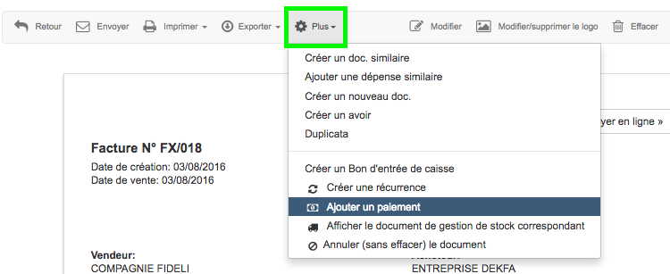 Date de paiement - Ajouter un paiement reçu Facture