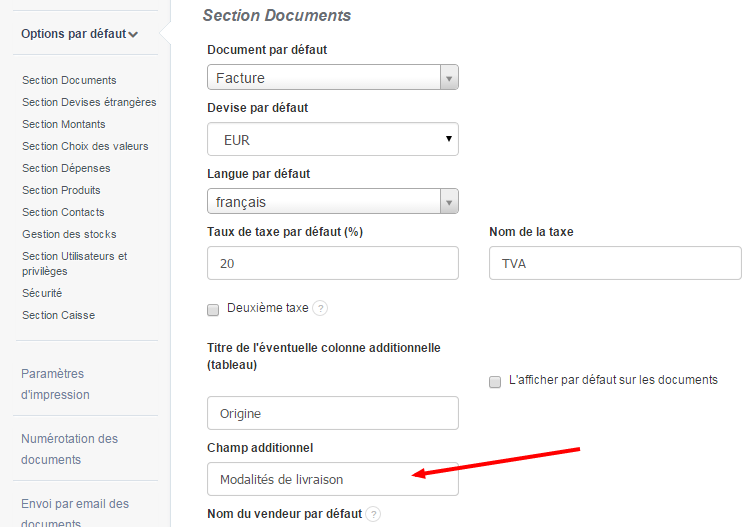 champ additionnel sur facture
