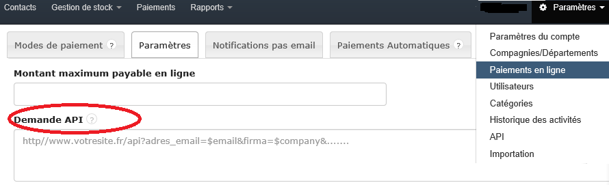 commande API paiement