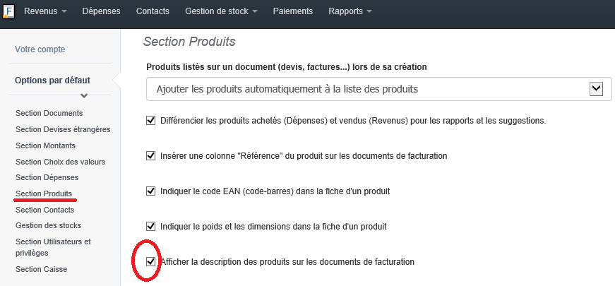 afficher description sur factures