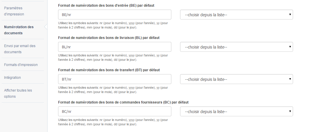 numérotation bon de livraison commande transfert entrée