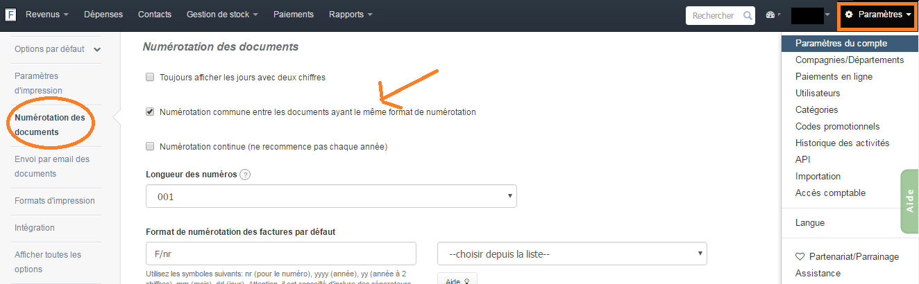 paramètres du compte numérotation commune