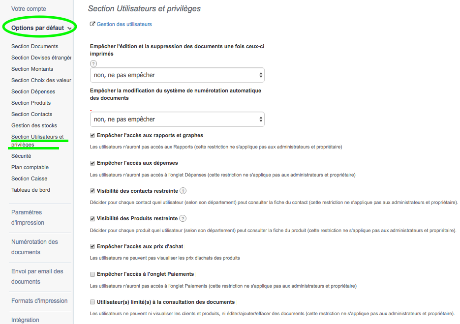 Section Utilisateurs et privilèges depuis les paramètres du compte
