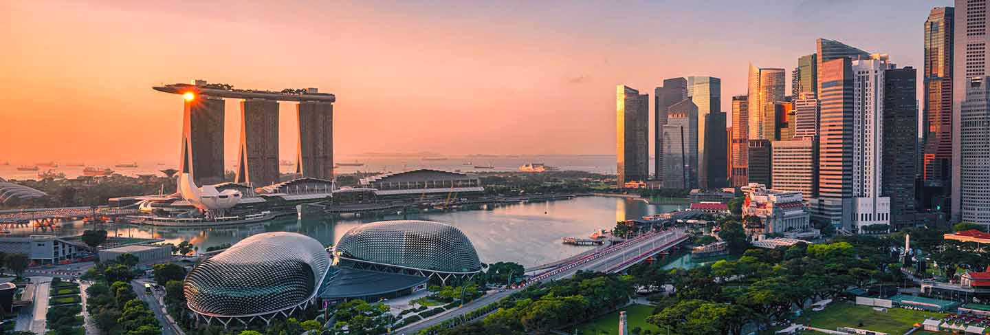 Singapore skyline and view of skyscrapers on marina bay at sunsrise