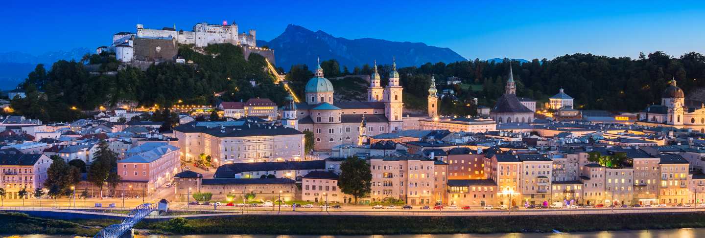 Salzburg cathedral and old castle in center of old town at sunset time in salzburg, austria