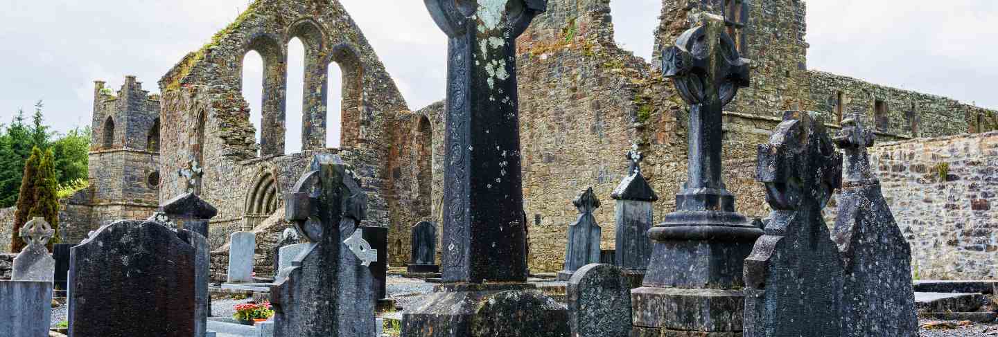 Landscapes of ireland. cemetery of cong abbey in galway county