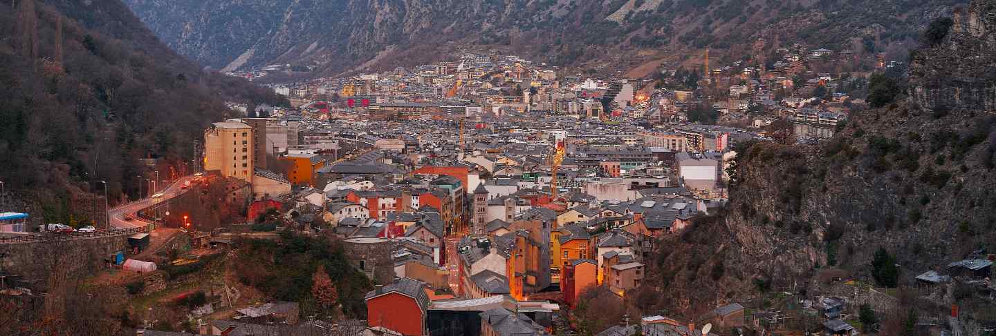 Andorra la vella skyline at sunset pyrenees