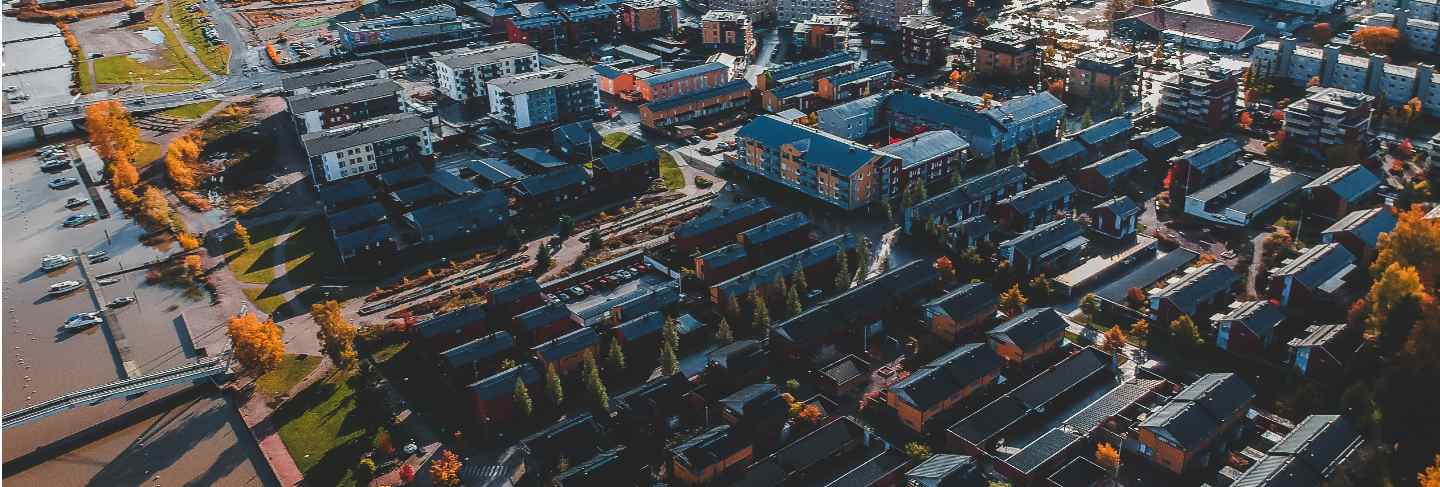 Aerial view of the historic city center, old houses, roofs, streets