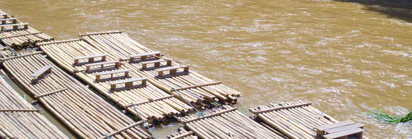Bamboo rafts prepared and ready for a tourists