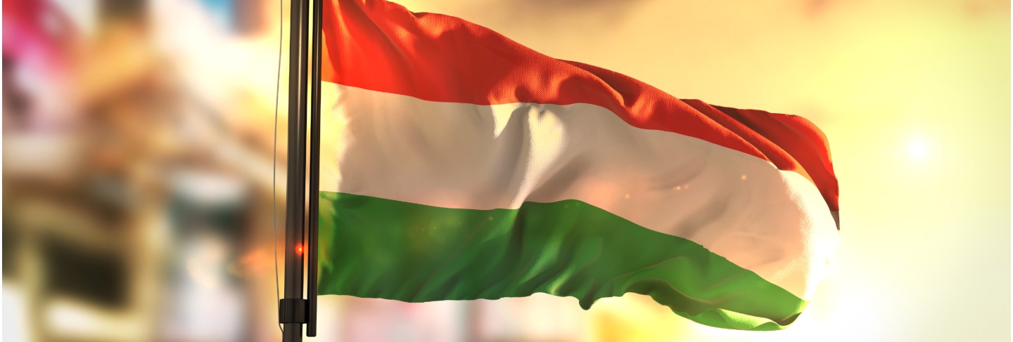 Hungary flag against city blurred background at sunrise backlight