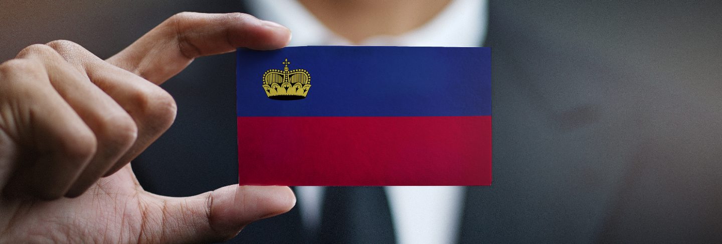 Businessman holding card of liechtenstein flag