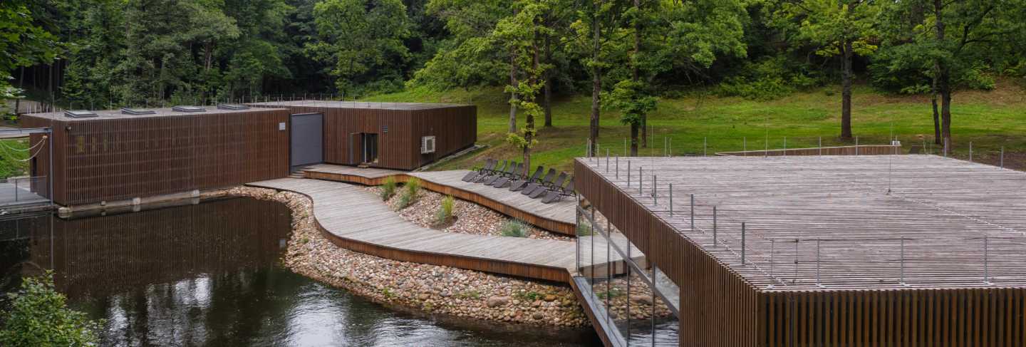 Modern pavilion for aero ionotherapy in the city park of druskininkai.