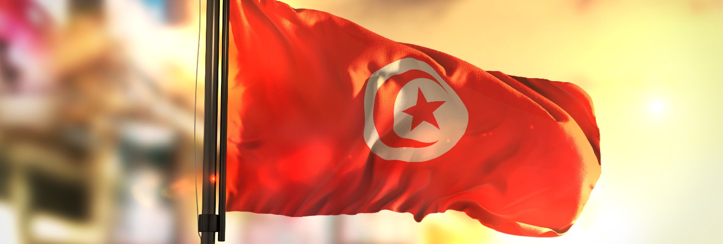 Tunisia flag against city blurred background at sunrise backlight