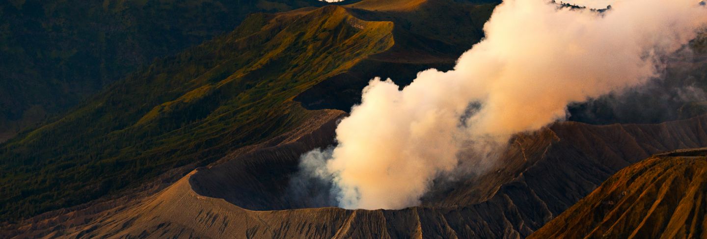 Mount bromo an active volcano with sun shining down, east java, indonesia