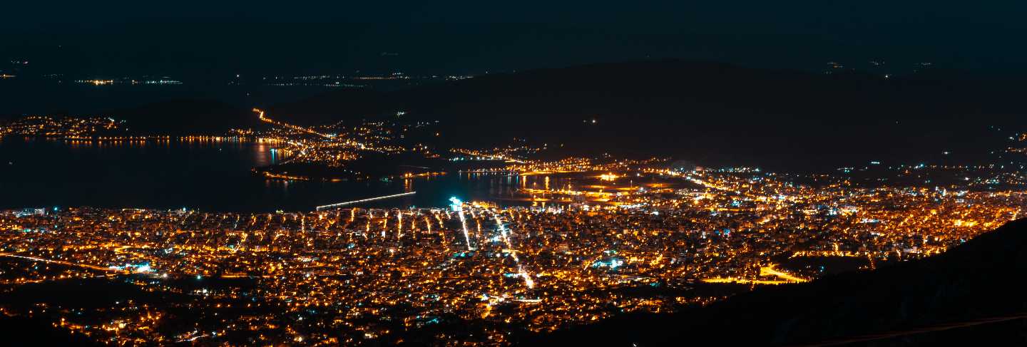 Night lights of the city from a bird's-eye view. Makrinitsa