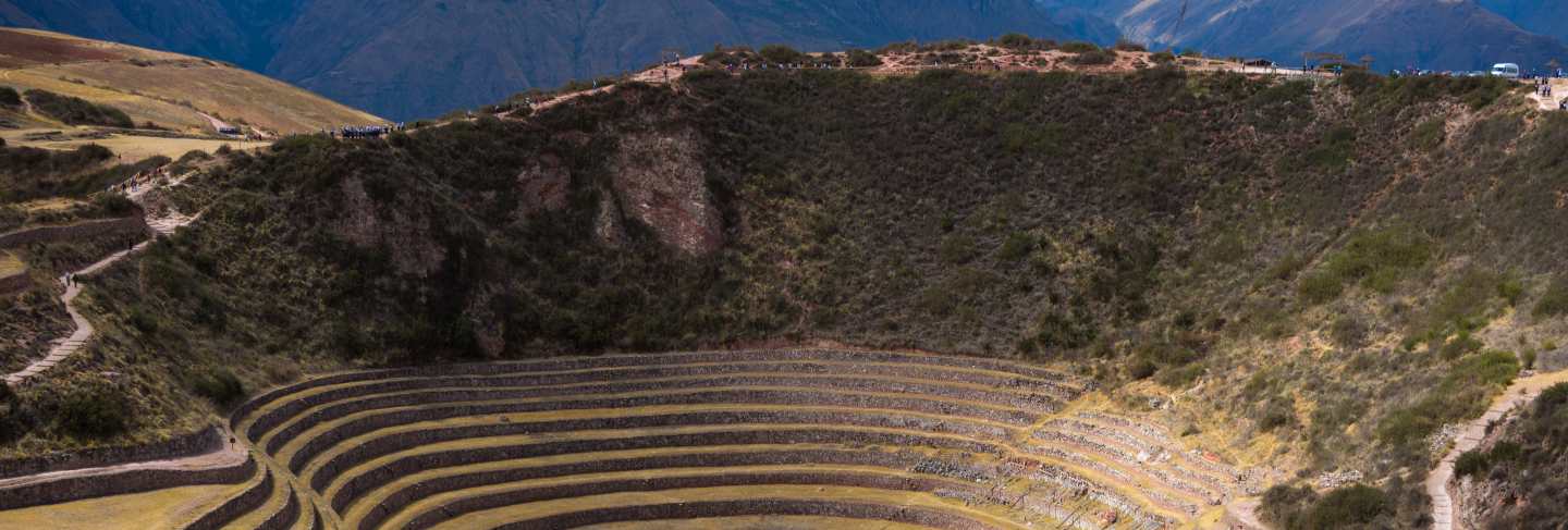 The archaeological site at moray, travel destination in cusco region and the sacred valley, peru. majestic concentric terraces, supposed inca's food farming laboratory.