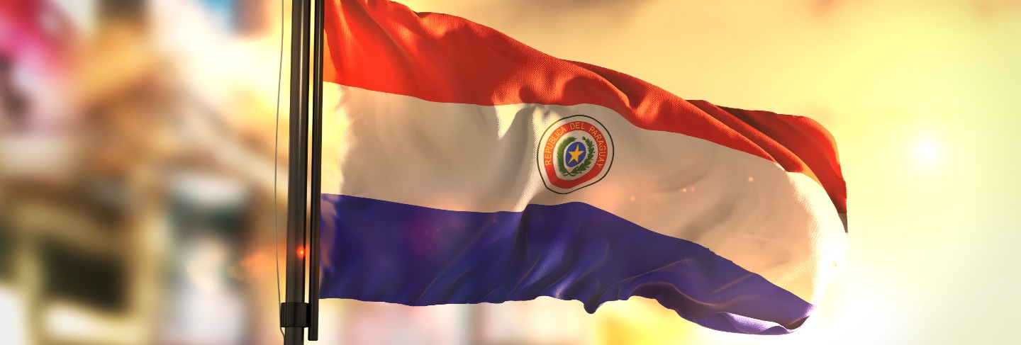 Paraguay flag against city blurred background at sunrise backlight