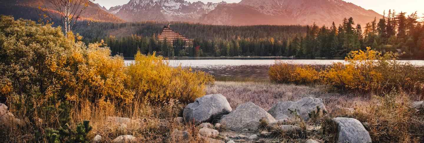 Autumn mountain and strbske pleso lake in high tatras, slovakia