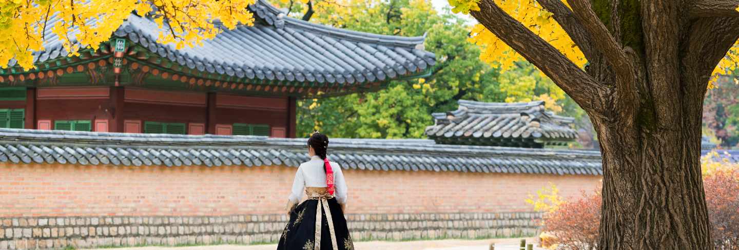 Asian korean woman dressed hanbok in traditional dress walking at seoul, south korea