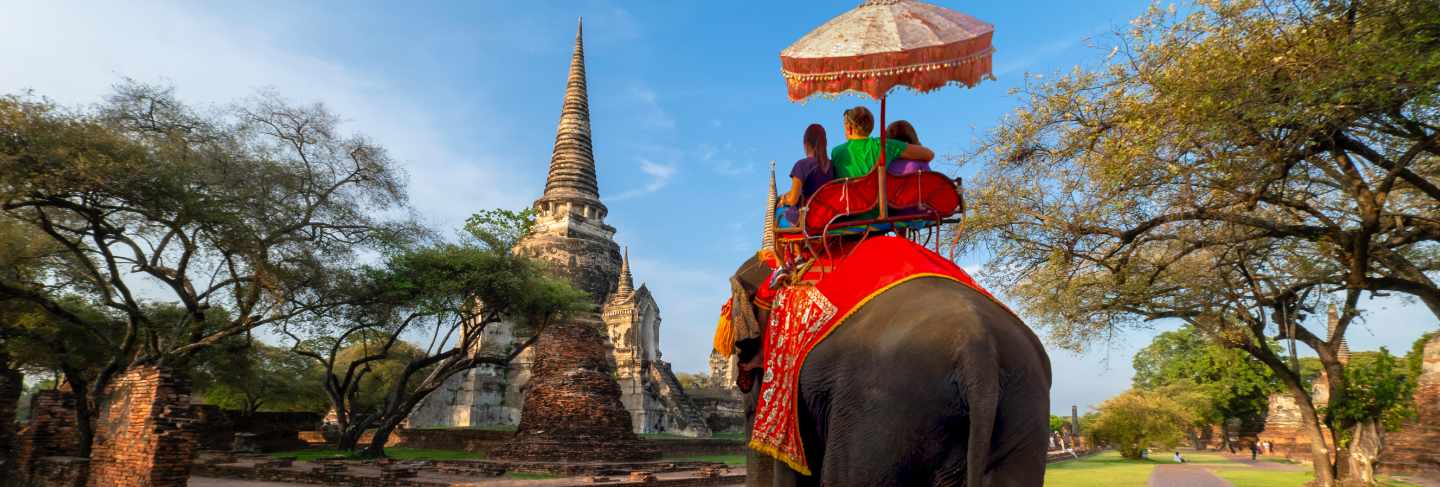 Foreign tourists elephant ride to visit ayutthaya