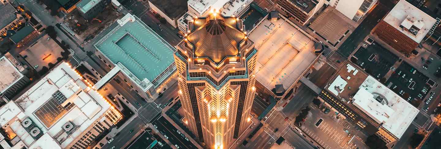 Aerial overhead shot of modern architecture with skyscrapers and other business buildings
