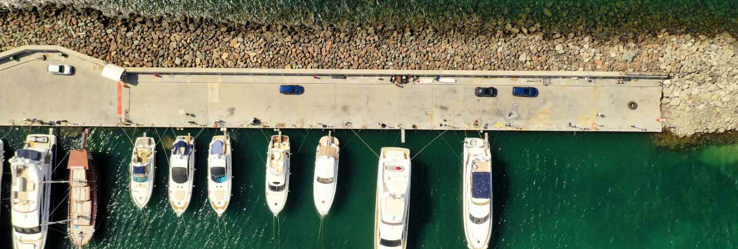 Aerial view of various types of boats docked near the coast at the sea
