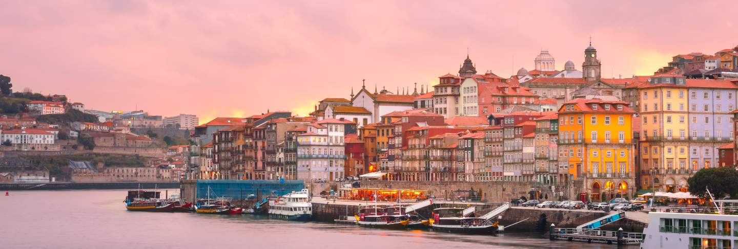 Old town of porto at sunset, portugal.