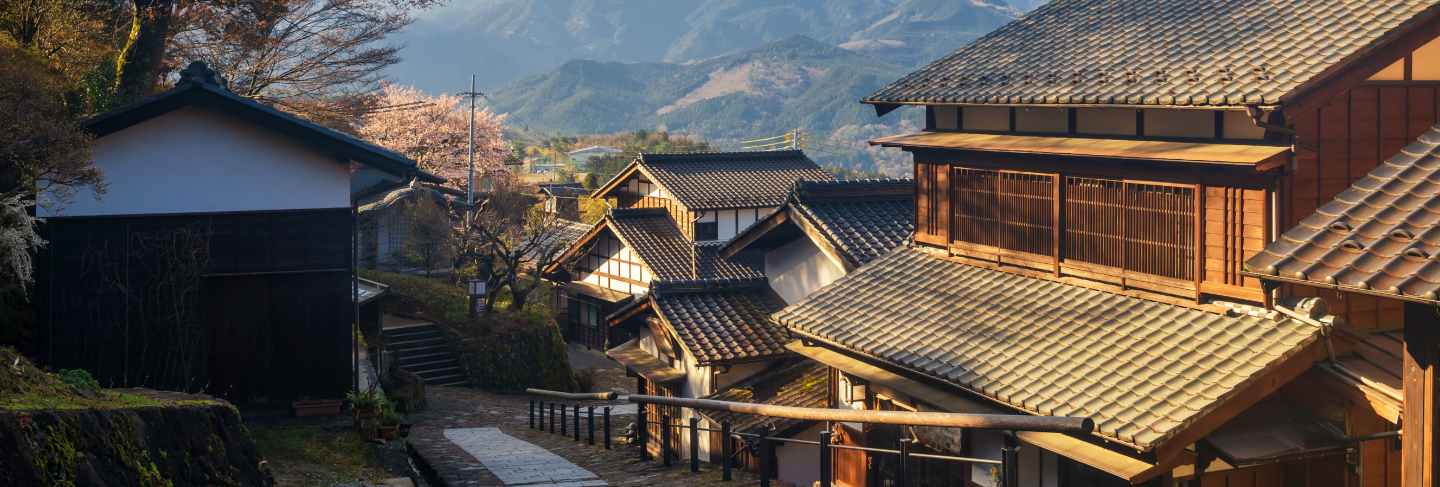 Magome juku preserved town at sunrise, kiso
