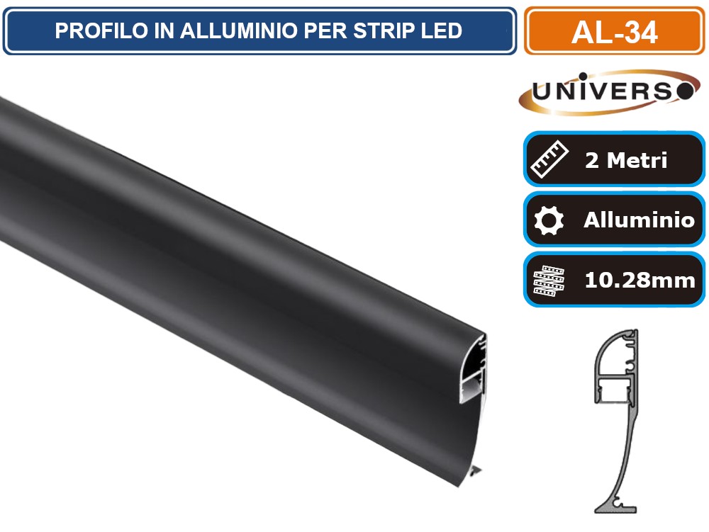 Profilo Angolare In Alluminio Nero Per LED 200 Cm - Con Copertura Opale Per Strisce 12 Mm
