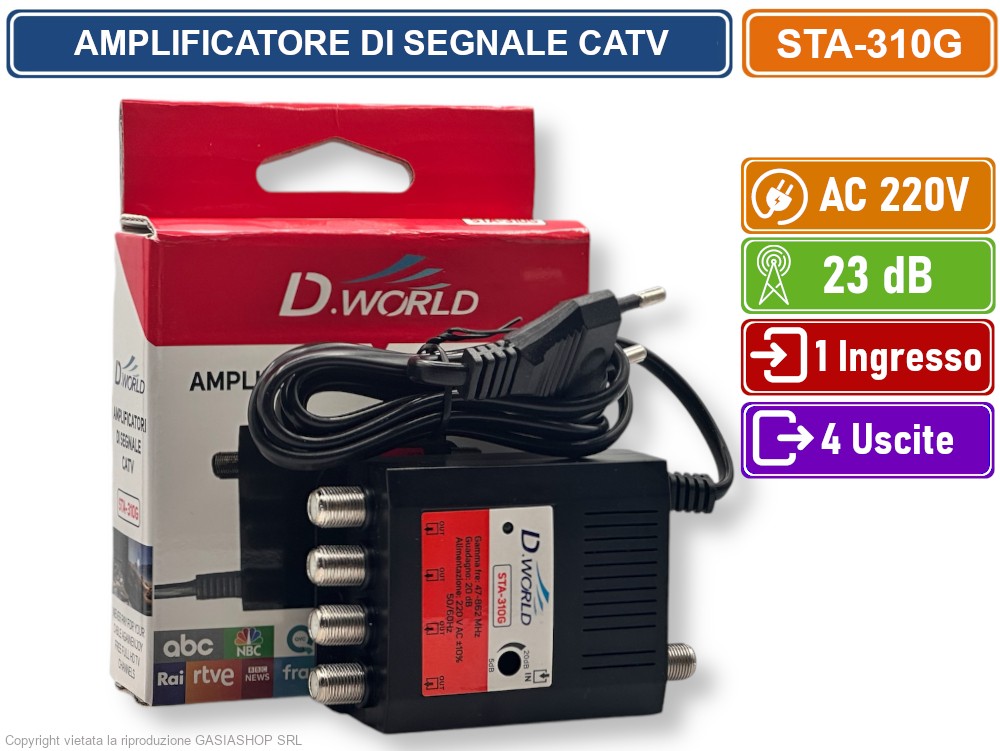 Amplificatore Di Segnale TV STA – 20dB Di Guadagno, 1 Ingresso E 4 Uscite, Banda 47-862 MHz Per DVB-T2