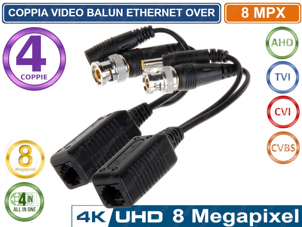 4 Coppie Trasmettitori Bnc Video Balun 5 Mp Ahd Tvi Cvi Cvbs Per Cctv