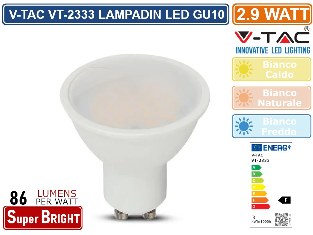 V-TAC PRO VT-2206 Faretto LED Chip Samsung GU10 6W 38° | Vendita