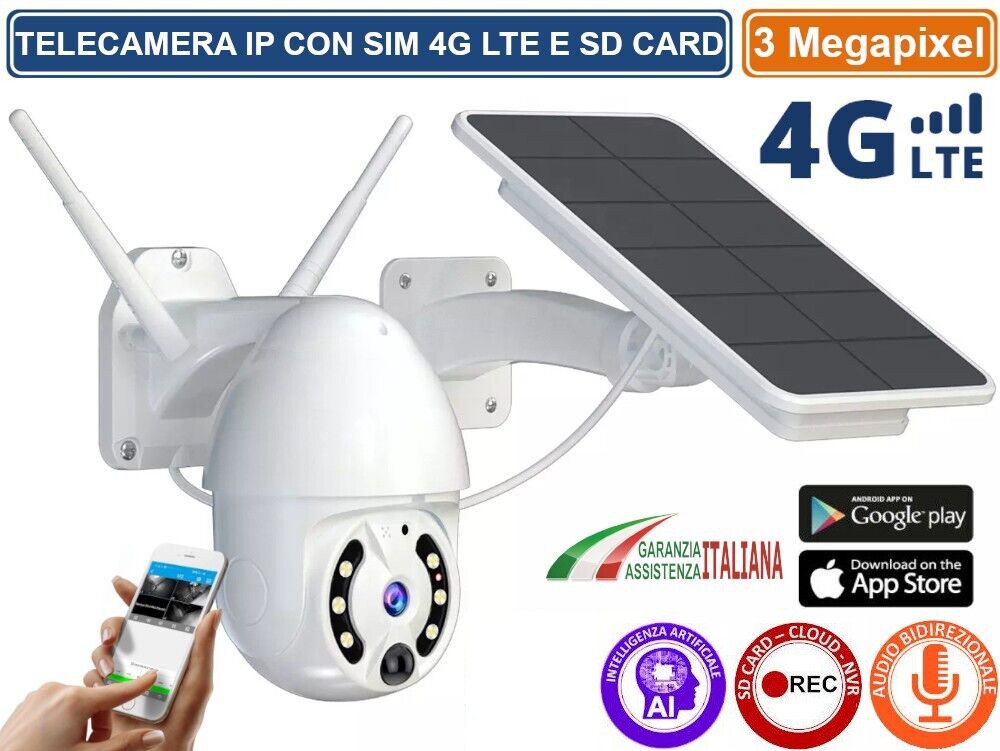 Telecamera Di Sorveglianza 4K 4G PTZ Solare – Impermeabile IP66, Zoom 5x, Visione Notturna, Scheda SIM E SD 64GB Incluse, Per Esterni Senza Wi-Fi