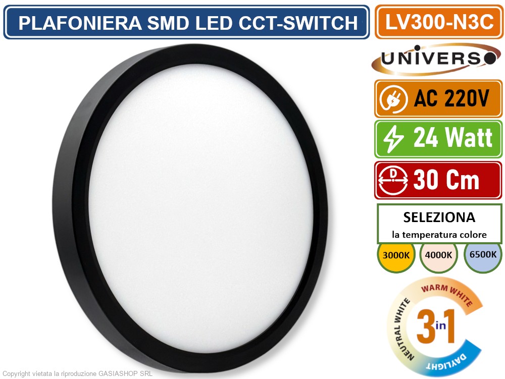P285A-T3C - PANNELLO SMD LED ROTONDO DA INCASSO 24W CON DRIVER 2400 LUMEN CCT 3000K - 4000K - 6500K SELEZIONABILE