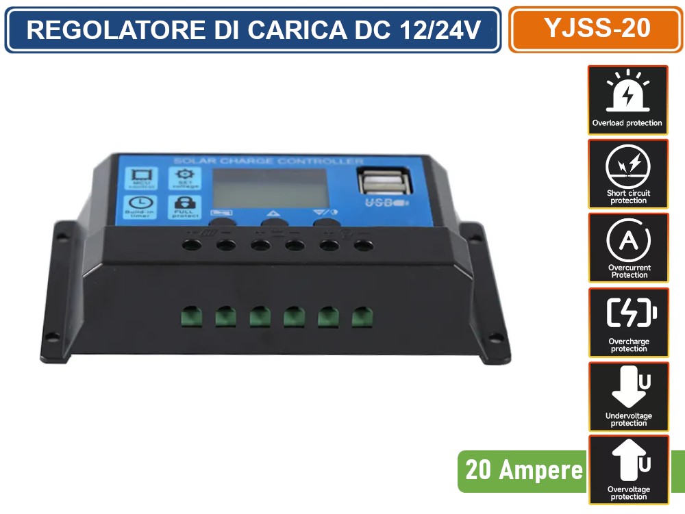 Regolatore Di Carica Per Pannello Solare Display LCD 12V/24V 30A