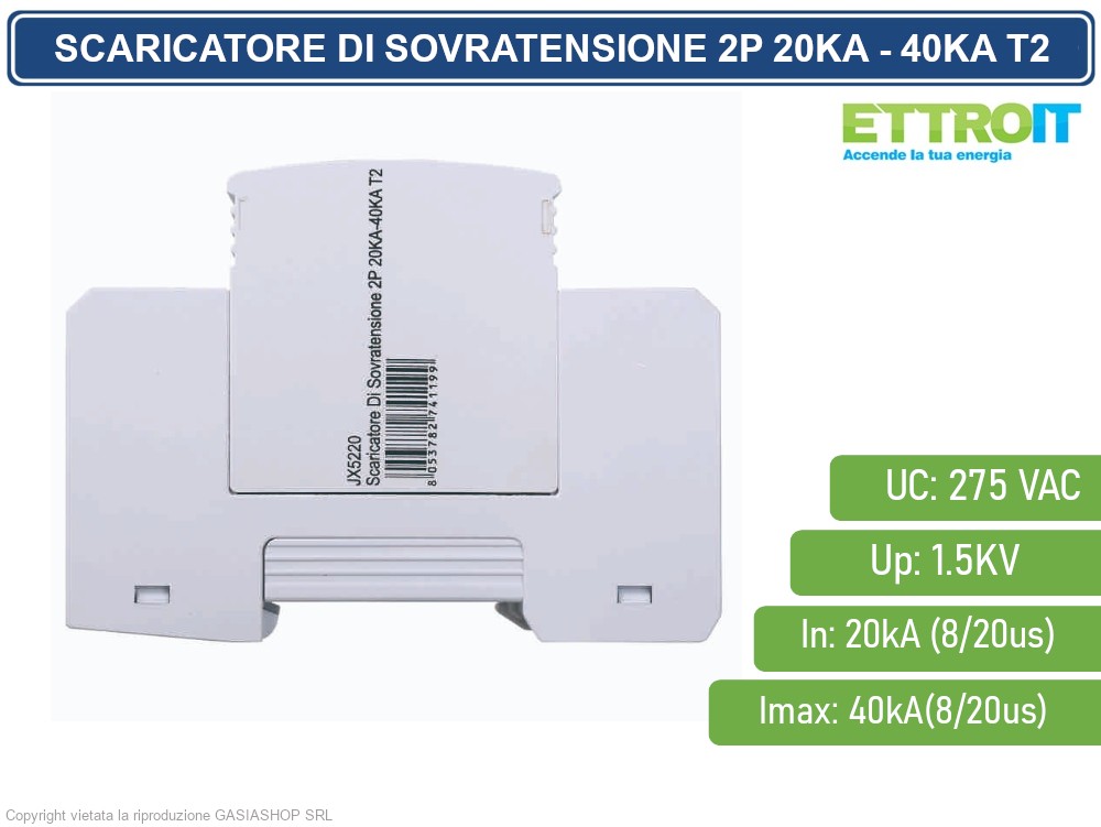 ETTROIT Scaricatore Di Sovratensione Tipo T2 2P – 20kA/40kA, 275V AC, Livello Di Protezione 1.5kV Per Barra DIN