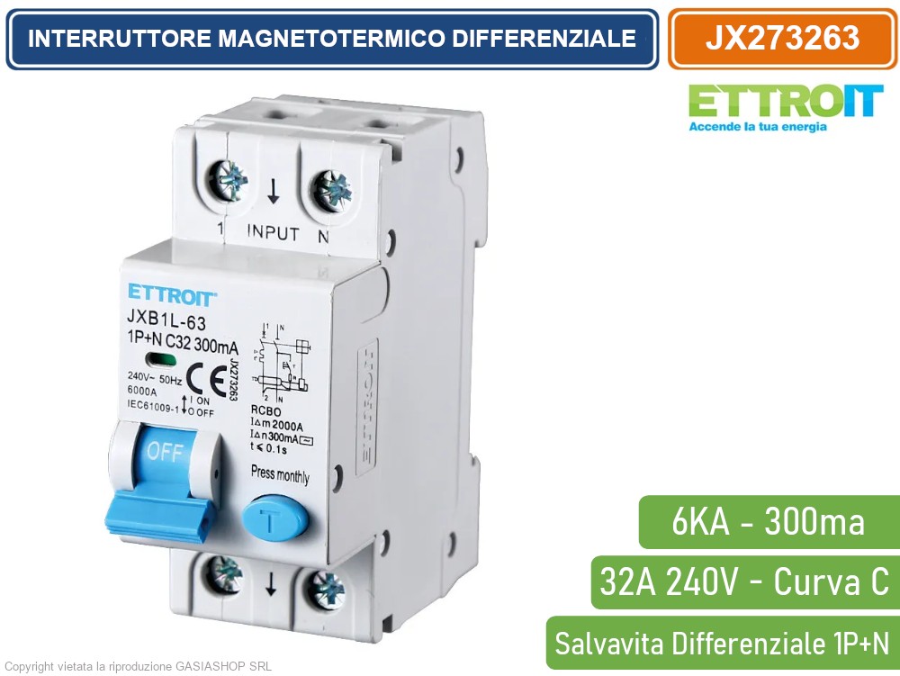 Interruttore Magnetotermico Differenziale Trifase 300mA 32A 3P+N, 380V, 6kA, Occupa 4 Moduli DIN, Protezione Completa