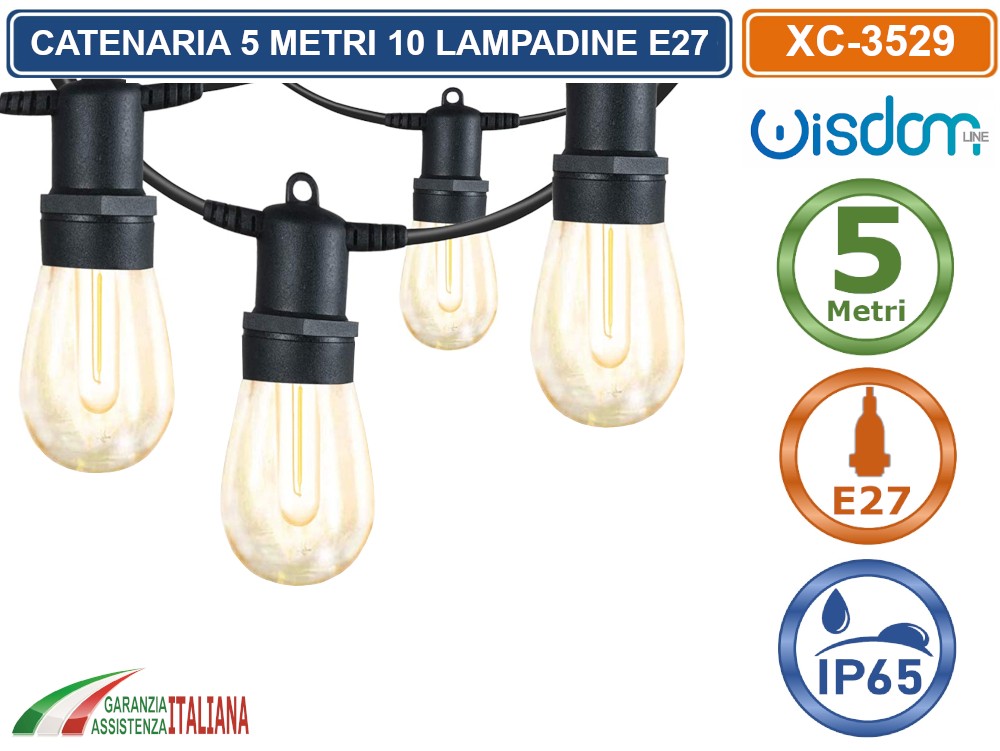 Catena Luminosa Esterno LED 15 Metri Con Portalampade E27 - IP54 Nera